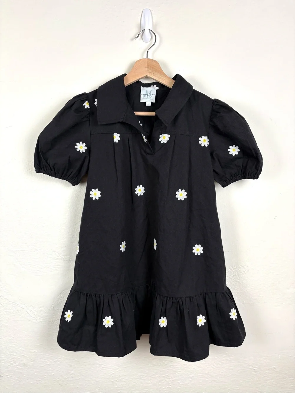 Shop the Mint Girls Size L Black Daisy Embroidered Puff Sleeve Drop Waist Dress